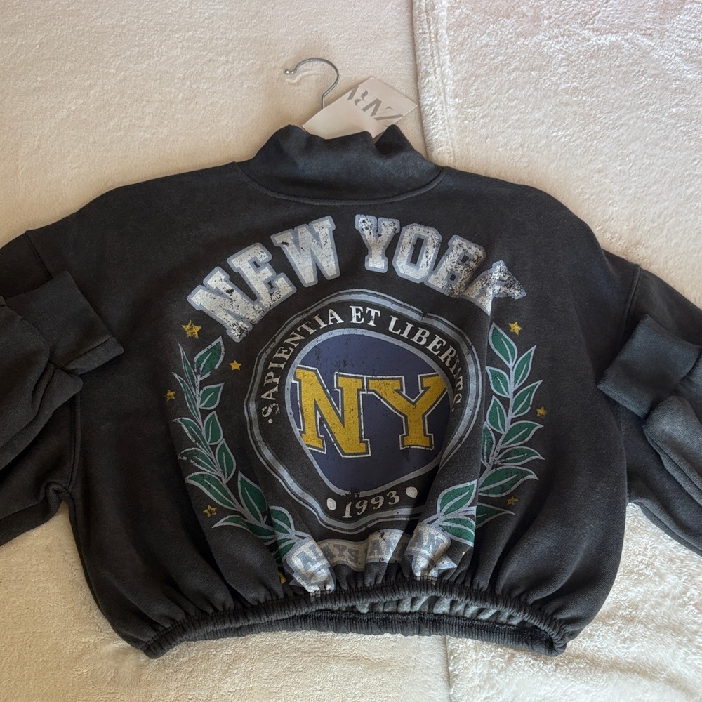 New York NY Graphic Cropped Sweatshirt - Black with Yellow & Green Logo